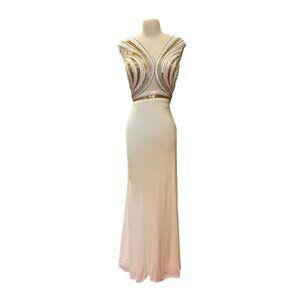 Vintage Tony BowlsTM Dress Floor Length Gown With Gold White Beading Glamorous B